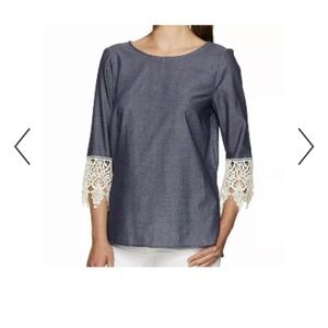 Kensie Blue Top with White Lace Sleeves